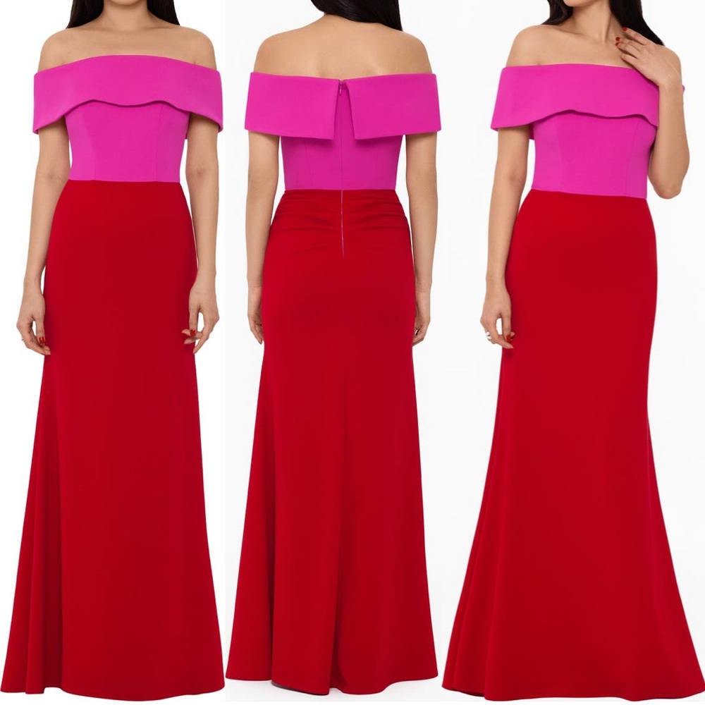Betsy & Adam two toned color block red pink Crepe gown dress